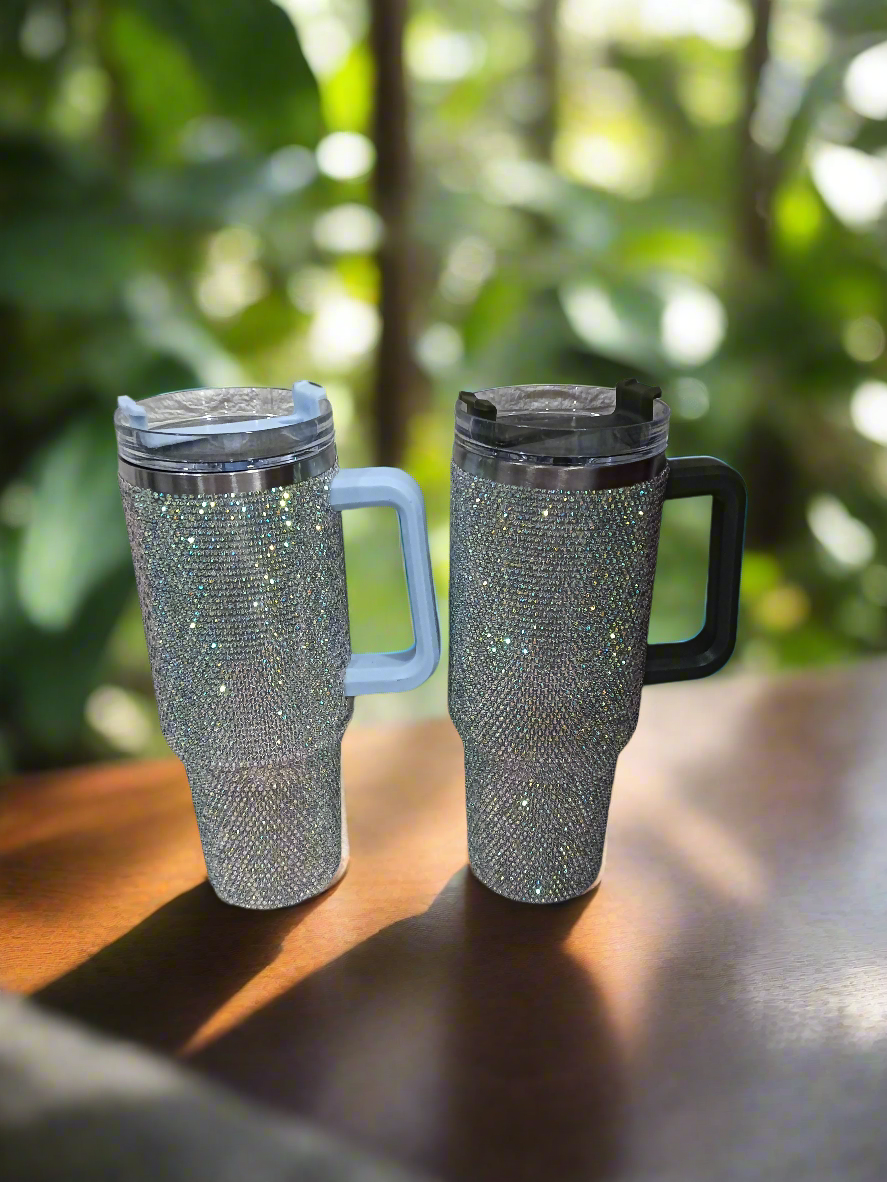 Shiny Rhinestone Stainless Steel Tumbler With Handle